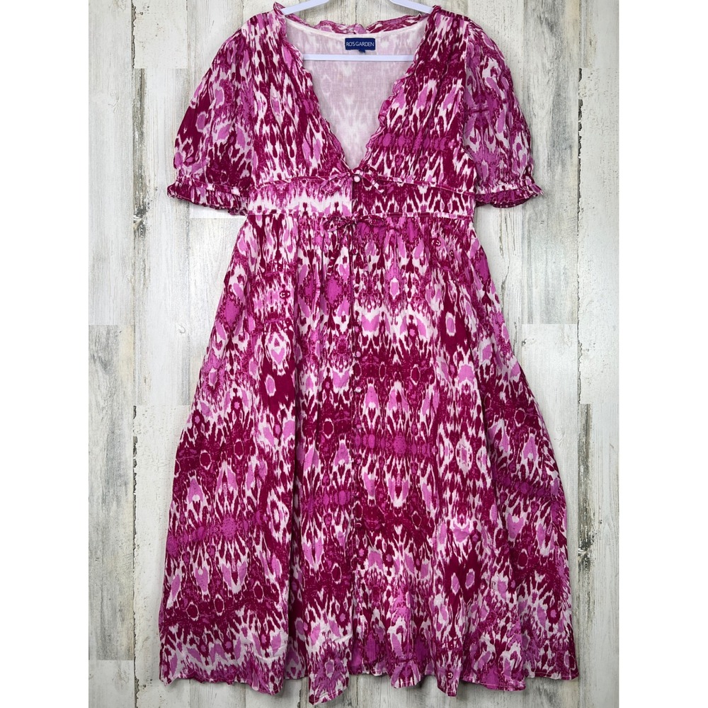 Ros's Garden Cotton‎ V-Neck Tie Front Midi Dress Large Pink White Ikat